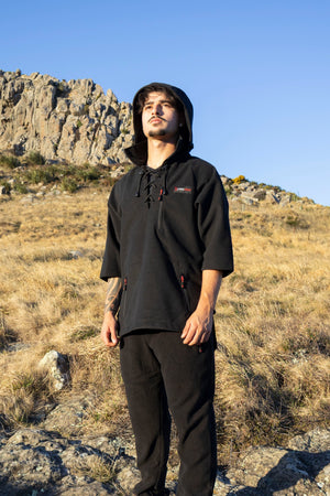 Lonely Track Wilder II bush shirt in black - men's 3/4 sleeve Tricot fleece