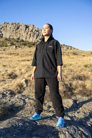 Lonely Track Wilder II bush shirt in black - women's 3/4 sleeve Tricot fleece