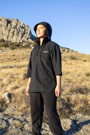 Lonely Track Wilder II bush shirt in black - women's 3/4 sleeve Tricot fleece