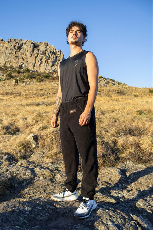 Lonely Track Buffer Pants in black - men's fleece pants with elastic waist