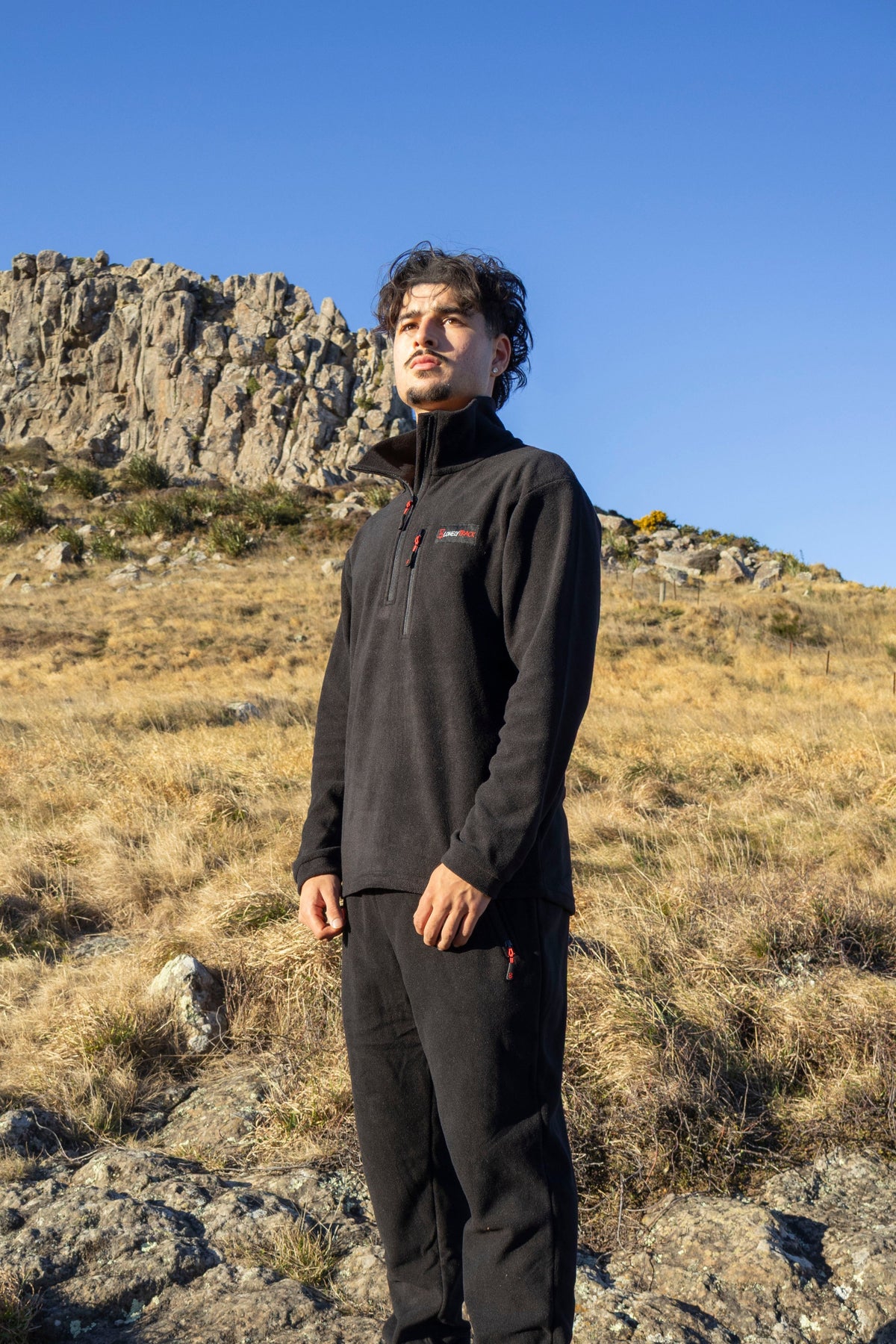 Lonely Track Huntaway Quarter Zip in black - men's fleece mid-layer