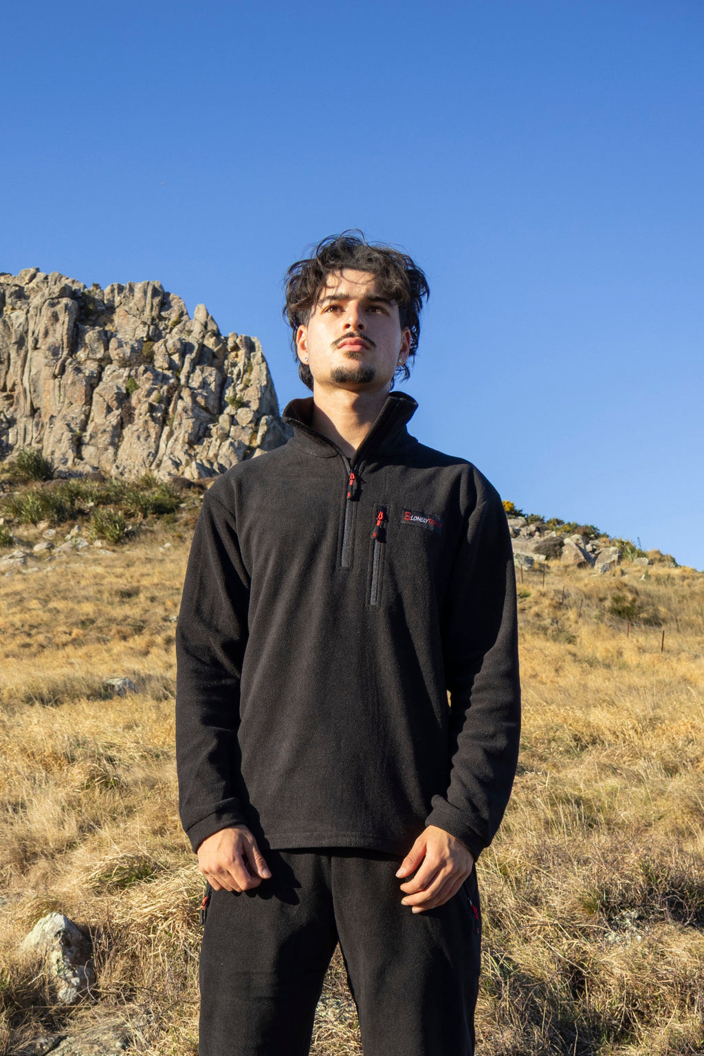 Lonely Track Huntaway Quarter Zip in black - men's fleece mid-layer