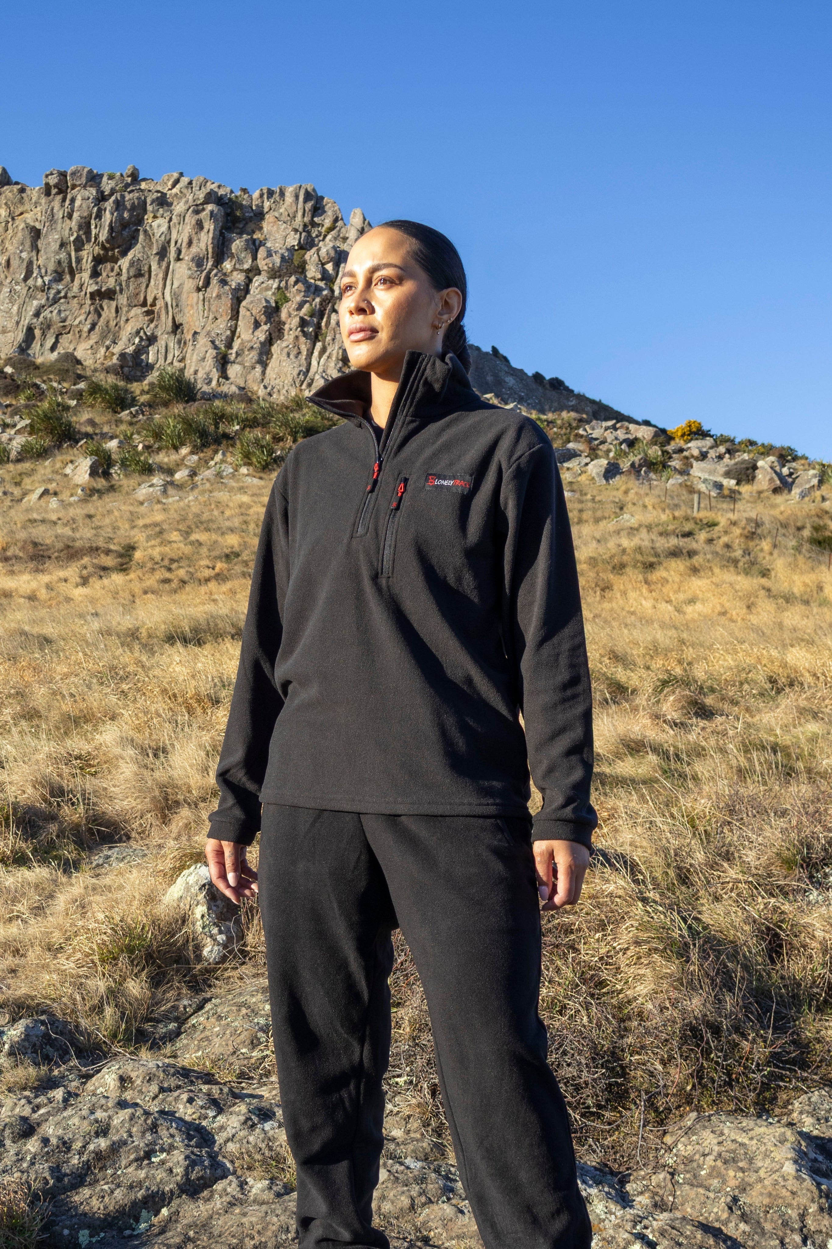Lonely Track Huntaway Quarter Zip in black - women's fleece mid-layer