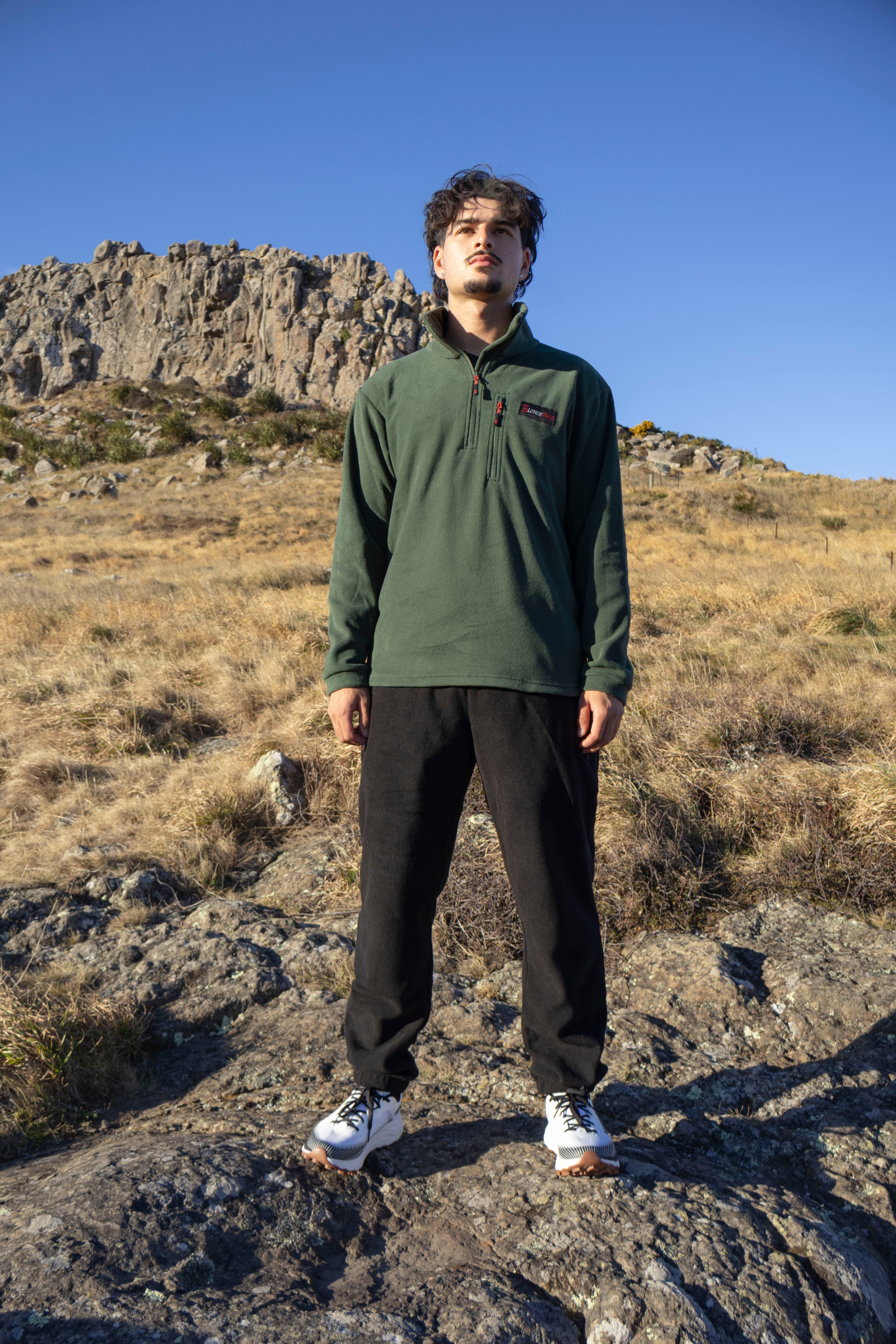 Lonely Track Huntaway Quarter Zip in forest green - men's fleece mid-layer