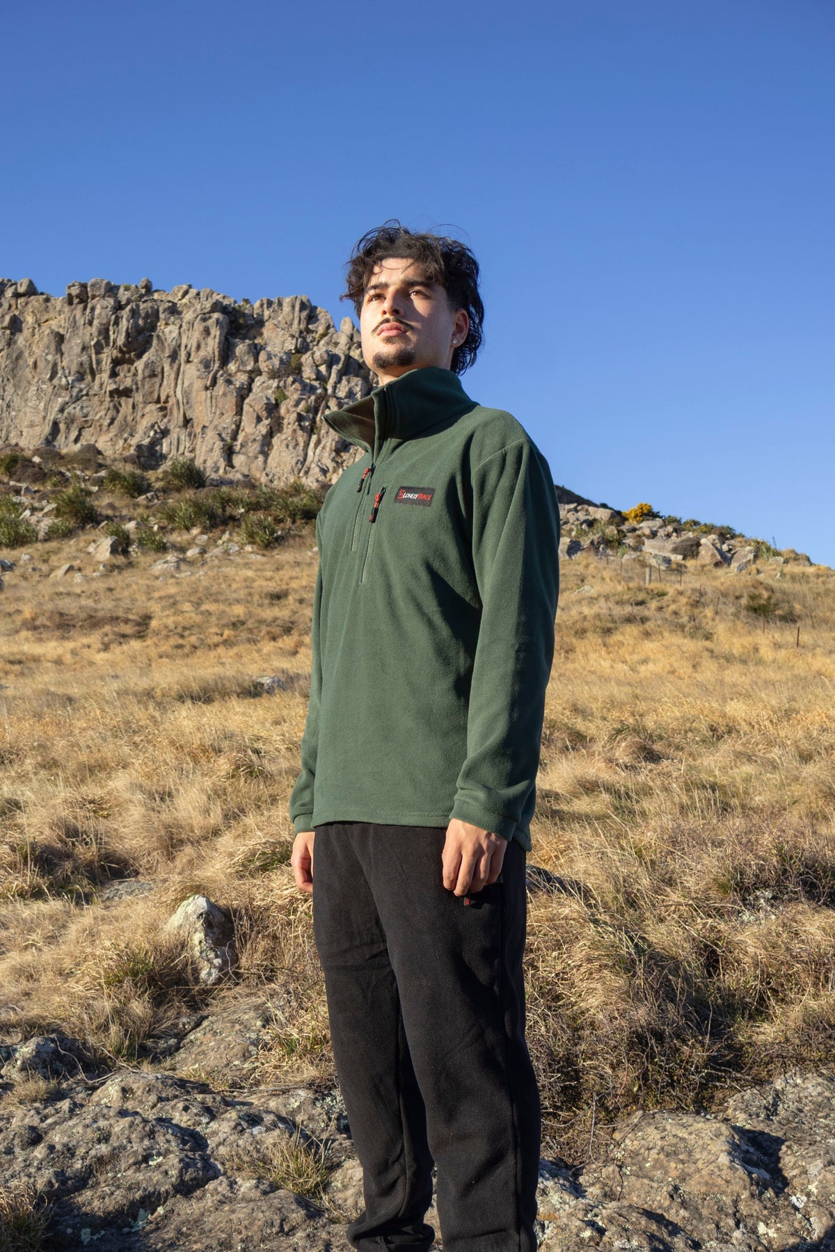 Lonely Track Huntaway Quarter Zip in forest green - men's fleece mid-layer
