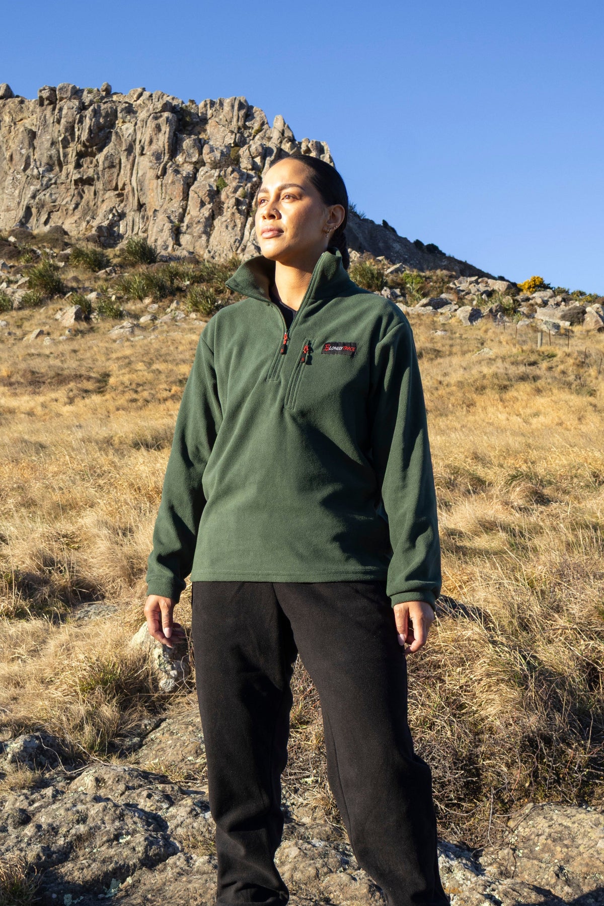 Lonely Track Huntaway Quarter Zip in forest green - women's fleece mid-layer