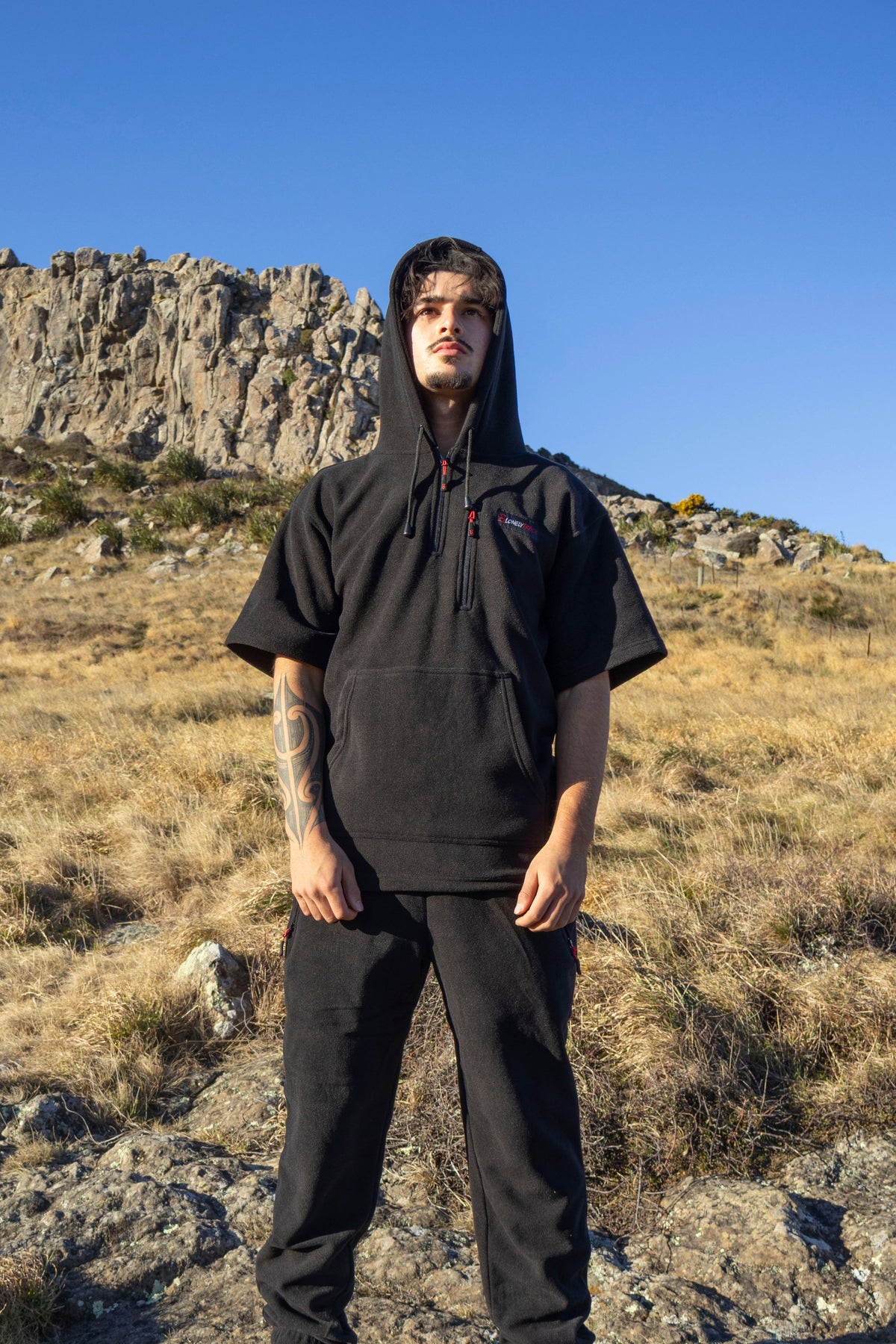 Lonely Track Rogue Hooded Tee - men's shorter cut fleece with quarter zip and velcro cuffs