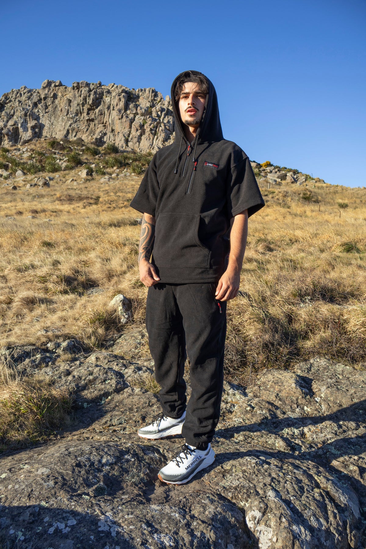 Lonely Track Rogue Hooded Tee - men's shorter cut fleece with quarter zip and velcro cuffs