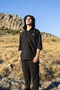 Lonely Track Wilder II bush shirt in black - men's 3/4 sleeve Tricot fleece