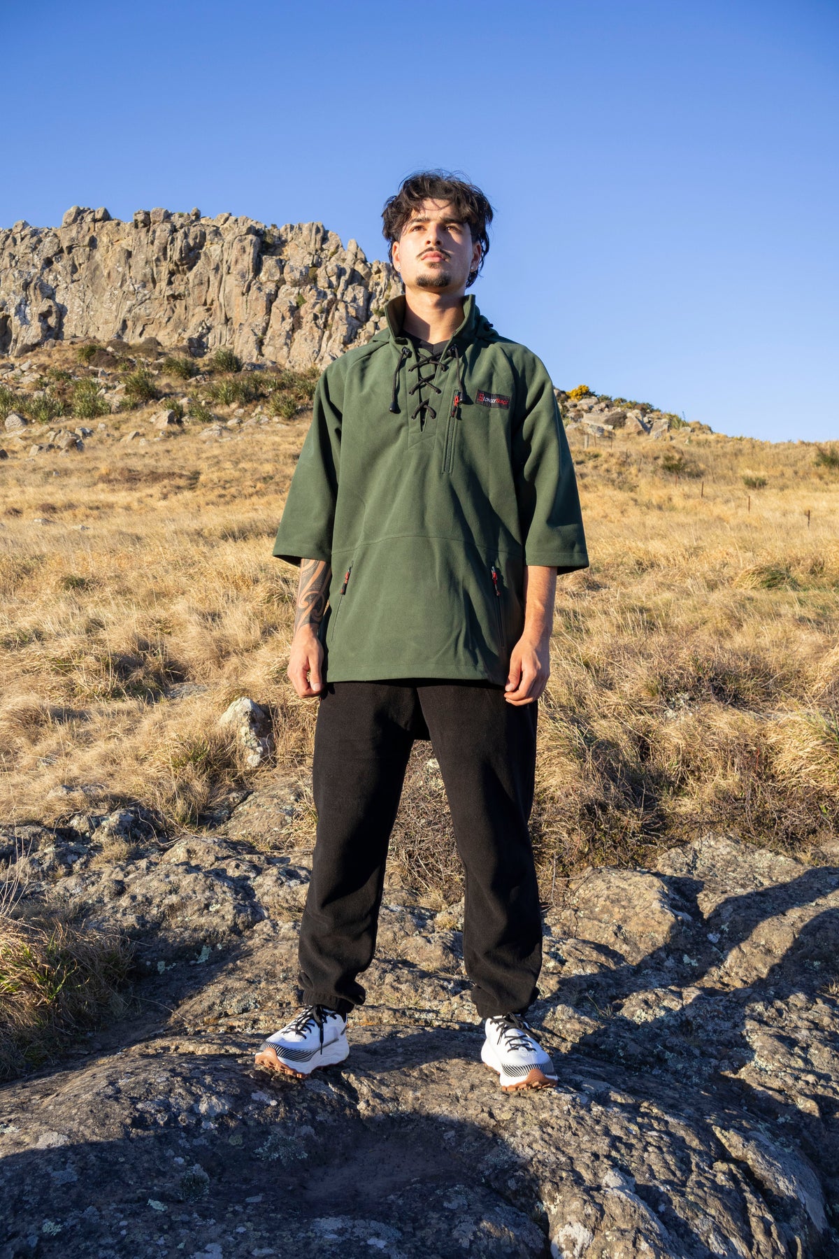 Lonely Track Wilder II bush shirt in forest green - men's 3/4 sleeve Tricot fleece
