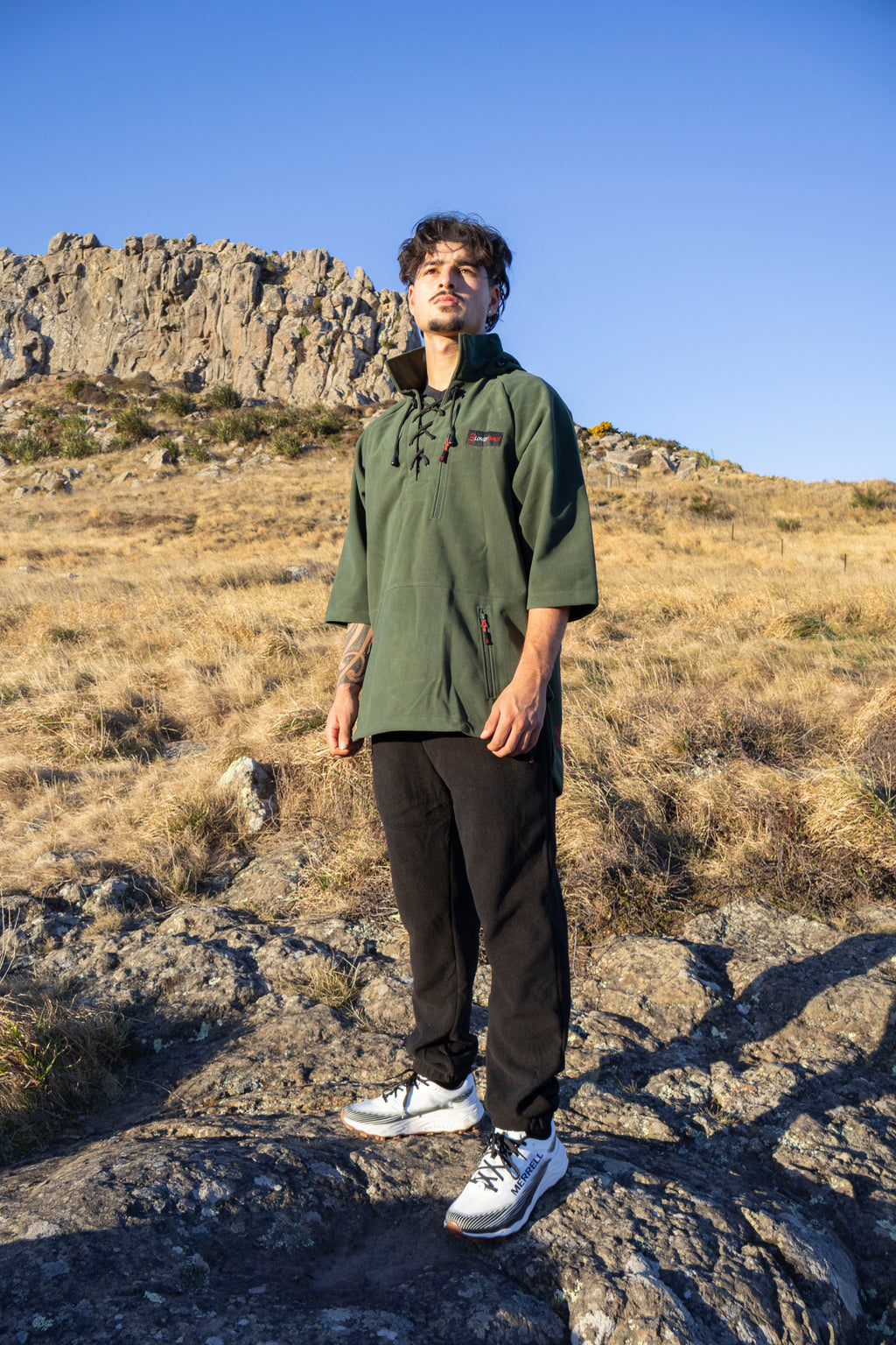 Lonely Track Wilder II bush shirt in forest green - men's 3/4 sleeve Tricot fleece