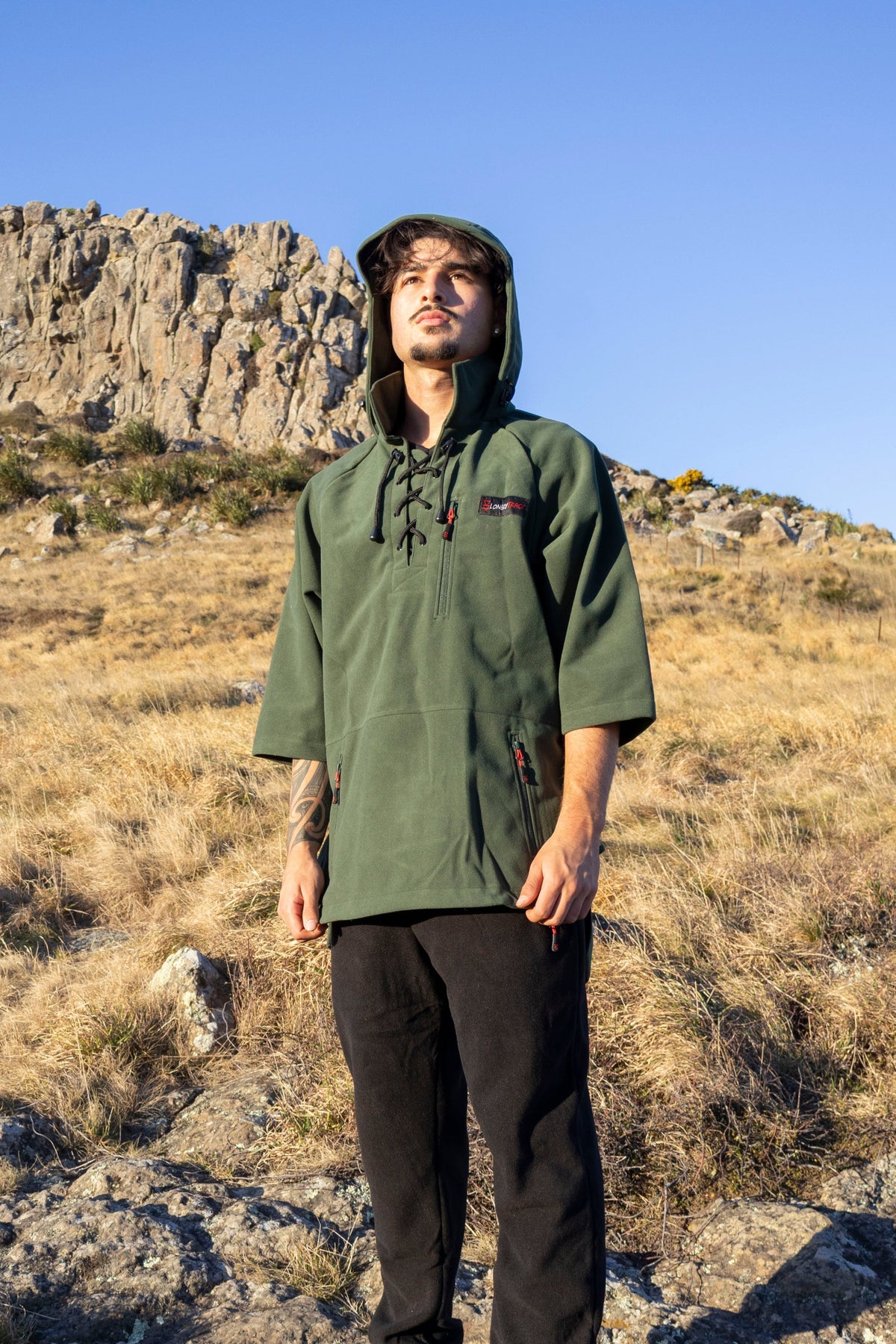 Lonely Track Wilder II bush shirt in forest green - men's 3/4 sleeve Tricot fleece