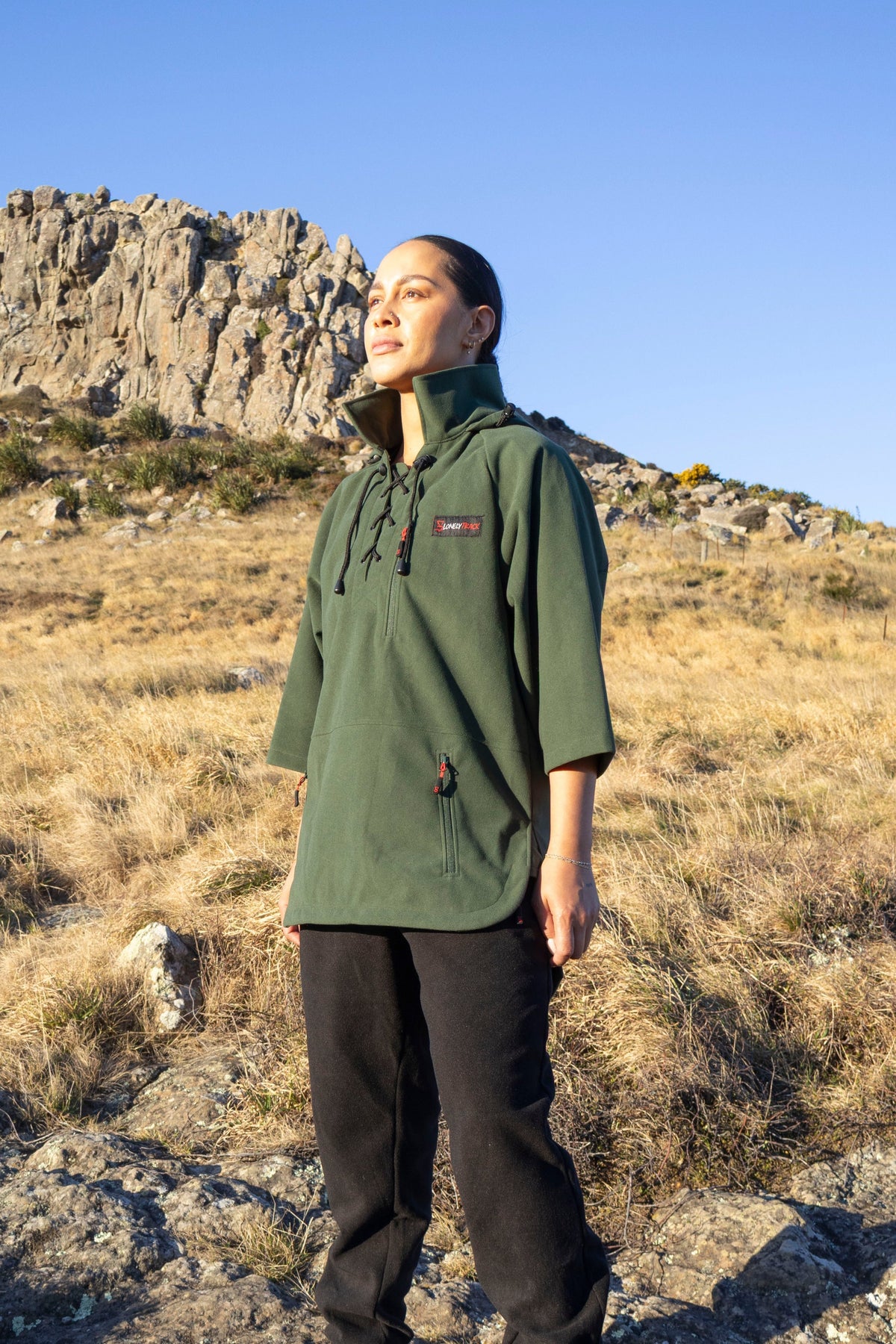 Lonely Track Wilder II bush shirt in forest green - women's 3/4 sleeve Tricot fleece